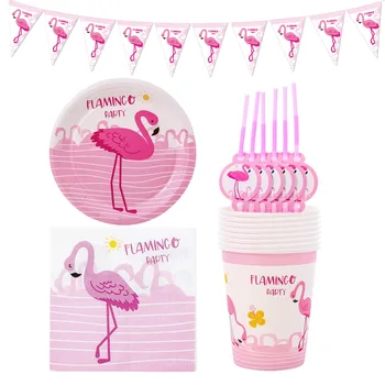 

65pcs Flamingo Theme Cup+Plate+Napkins+Banner Birthday Party Decorations Party Supplies Disposable Tableware Sets Party