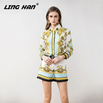 

LINGHAN Designer Suit Set Women's Long Sleeve Baroque Totem Pritned Diamond Top + Shorts Spring Holiday Resort Two Pieces Sets