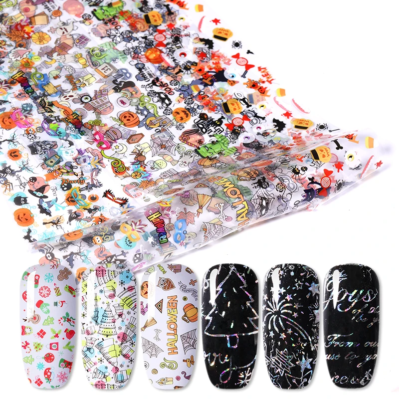 

10 Rolls/Box Nail Stickers Halloween Theme Mixed Pattern Holographic Nail Foils Transfer Sticker Nail Art DIY Design Decoration