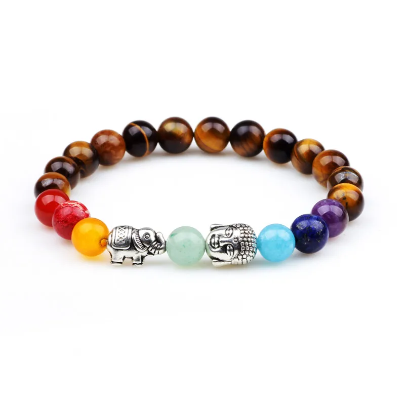 Natural Lava Stone Buddhist Buddha Prayer Beads Bracelet Bangle Colorful 7 Chakra Healing Jewelry Accessories for Men Women - Окраска металла: 2