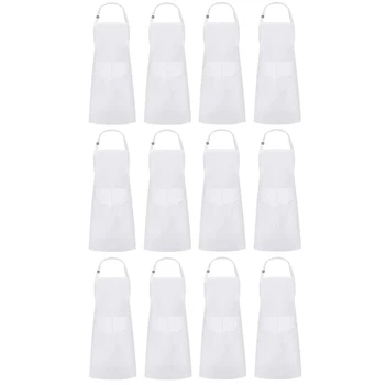 

12x Surround Apron, Kitchen Chef Apron with 2 Pockets, Adjustable Apron Apron, Used for Cooking, Serving-White