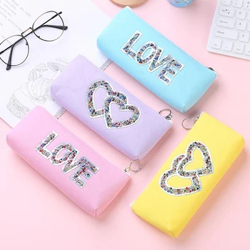 

Sequin Heart Pencil Case for girls Cute Love laser pencil box Stationery Pouch Storage pen bag School Supplies