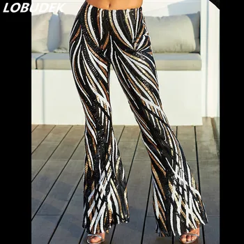 

Women Elastic High Waist Striped Sequins Casual Pants Club Party Loose Straight Flare Pants Spring Autumn Lady Sequined Trousers