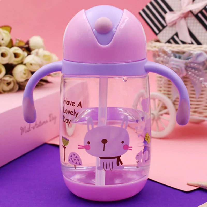 Pink Purple 370 мл Тренировочная бутылочка для детей ясельного возраста, здоровая бутылочка для кормления, безопасная питьевая вода, соломинка, непроливайка, милая детская бутылочка для молока - Цвет: Pink Purple