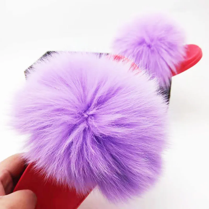 Toon purple Летние шлепанцы из лисьего меха; женские модные красные пушистые шлепанцы; женские меховые сандалии; меховые Вьетнамки; женская обувь - Цвет: Toon purple