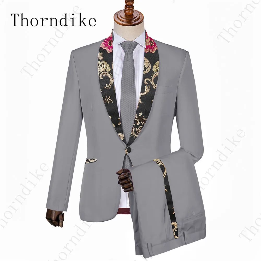 suit 14 Thorndike костюм Homme Mariage, 2 предмета, мужской костюм для свадьбы, выпускного вечера, вечерние костюмы серого цвета с жаккардовым шалевым отворотом(пиджак+ брюки+ галстук - Color: suit 14