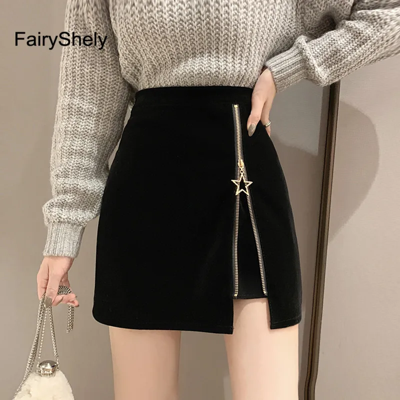 FairyShely осень зима черная мини-юбка на молнии Женская бархатная короткая юбка карандаш модная офисная юбка с высокой талией Faldas