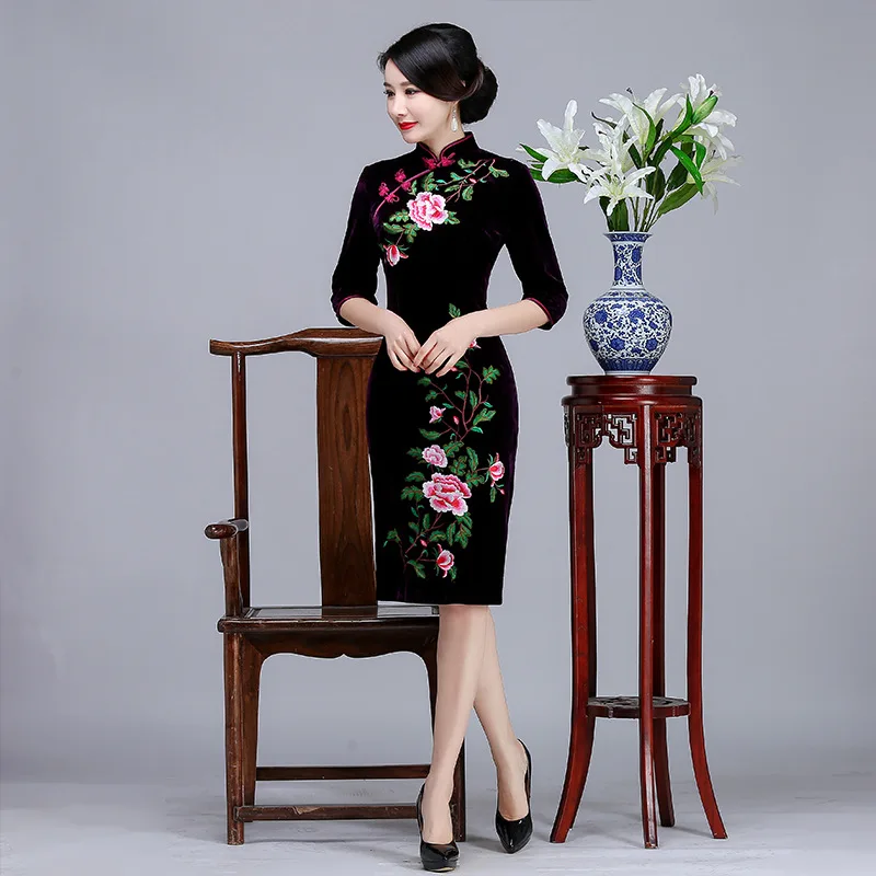 Китайское традиционное женское платье Cheongsam, большие размеры 3XL 4XL, вечернее платье, сексуальное бархатное винтажное платье с воротником-стойкой, Qipao Vestidos