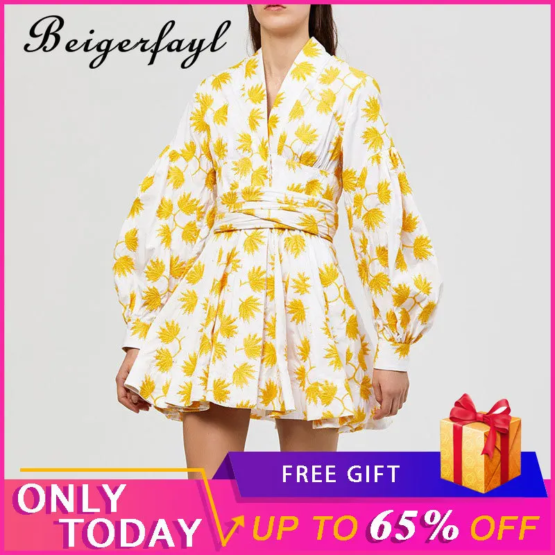 Beigerfayl Summer Vintage Yellow Maple Leaf Print Embroidery Women Dress V Neck Lantern Sleeve High Waist A-line TDR19784 | Женская