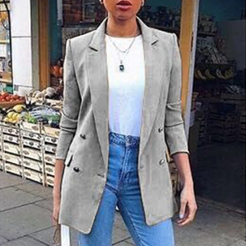 Двубортные серые блейзеры для женщин с зубчатым вырезом и длинным рукавом
