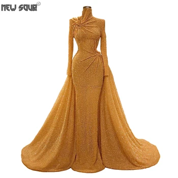 

Bling Gold Muslim Celebrity Evening Gowns African Turkish Dubai 2020 Custom Long Prom Dresses Formal Gown Party Robe De Soiree