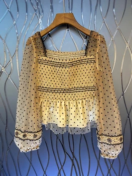 

2020 Early Autumn New Women's Square Collar Dot Prints Perspective Stitching Ruffled Long Sleeve All-match Shirt 805