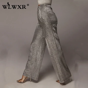 

WLWXR Glitter Wide Leg Pants Women Trousers High Waist Sexy Club Pants Female Vintage Autumn Winter Ladies Flare Bodycon Pants