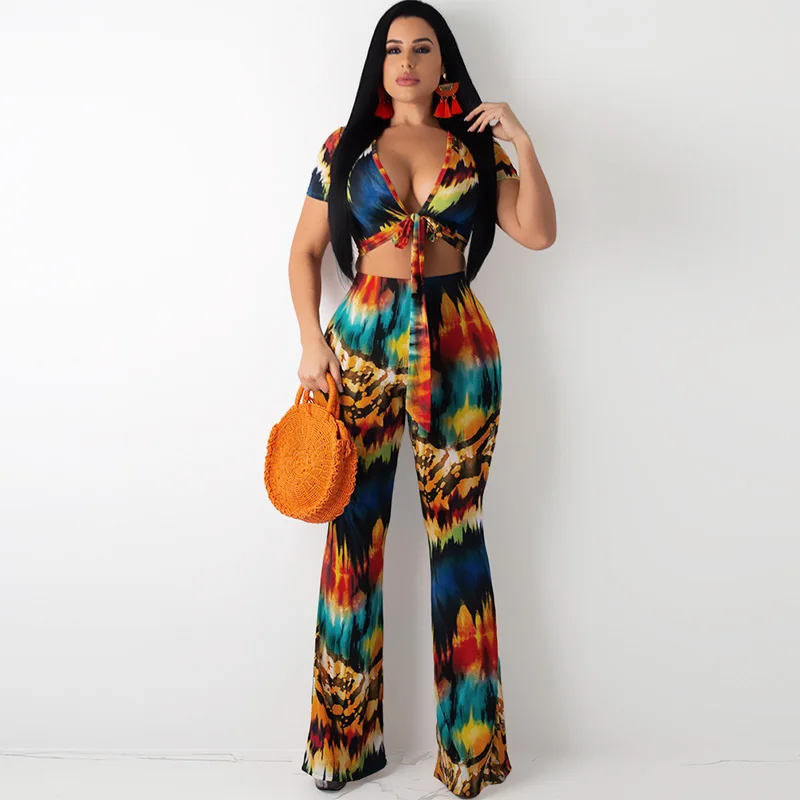 

Women Two Piece Set Crop Top Pants Suit Colorful Printed Deep V Neck Knotted Tops High Waist Flare Legs Pants Sexy Sets Clubwear
