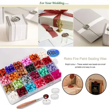 

600PCS Sealing Wax Beads Packed in Plastic Box, with 3PCS Tea Candles and 1 PC Wax Melting Spoon for Wax Sealing Stamp (24 Color