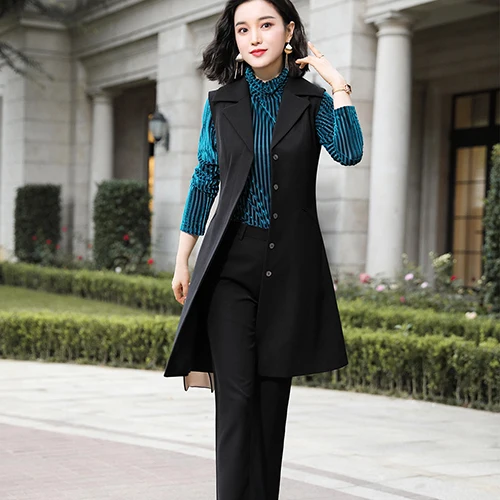 Black Pant Suits Высокое качество Элегантный женский брючный костюм зеленый черный комплект из 2 предметов осень зима длинный жилет без рукавов Блейзер и брюки для офисных леди - Цвет: Black Pant Suits