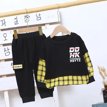 

Small Medium Children's Loose Casual T-shirt Set 2020 Autumn New Baby Boy Splicing Plaid Long-sleeved Sweatshirt Pants Two-piece