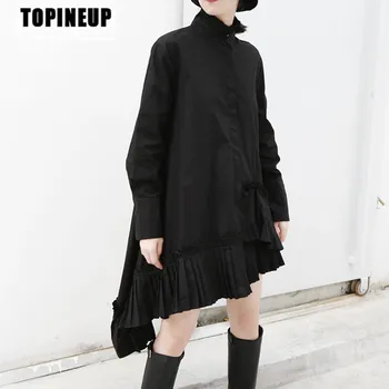 

Women's Stylish Elegant Solid color Long-Sleeve Stand Collar Pleated Asymmetric Shirt