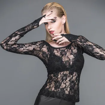 

Devil Fashion Women Punk Gothic Perspective Lace Shirts Slim-fitting Club Party Tops Round Neck Long Sleeve Sexy Tops