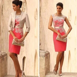 With Jacket Mother Of The Bride Dresses Sheath Scoop Lace Knee Length Plus Size Short Groom Mother Dresses For Wedding