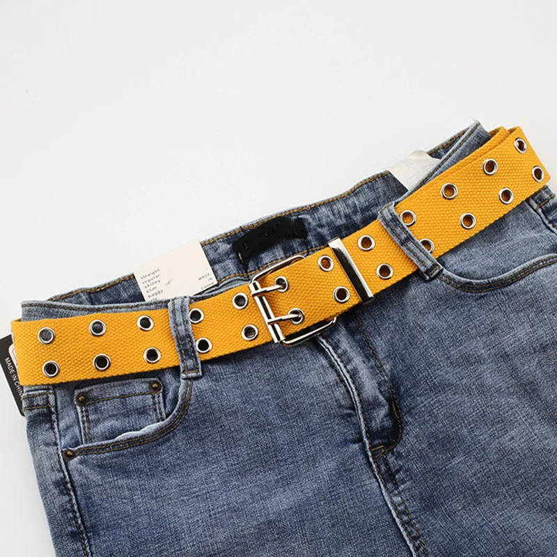Модные широкие холщовые ремни повседневные двойные полые пряжки ремень Регулируемый пояс однотонного цвета ремень для женщин и мужчин подростковые джинсы - Цвет: Yellow