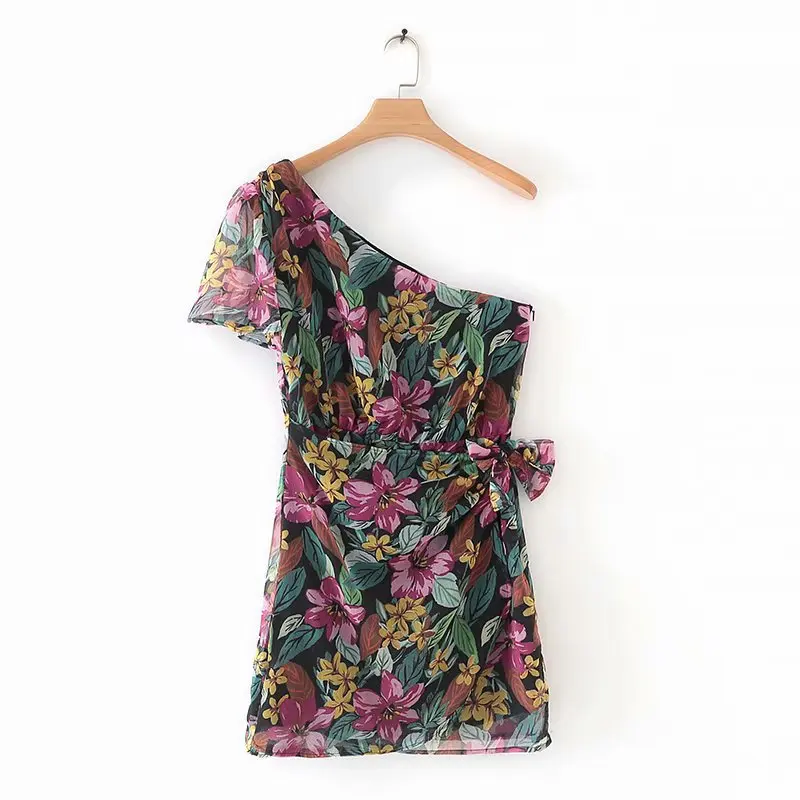 

Western Style WOMEN'S Dress 2019 Summer New Style Trimmed Collar And off-Shoulder Printed Lace-up Dress A8ms8906