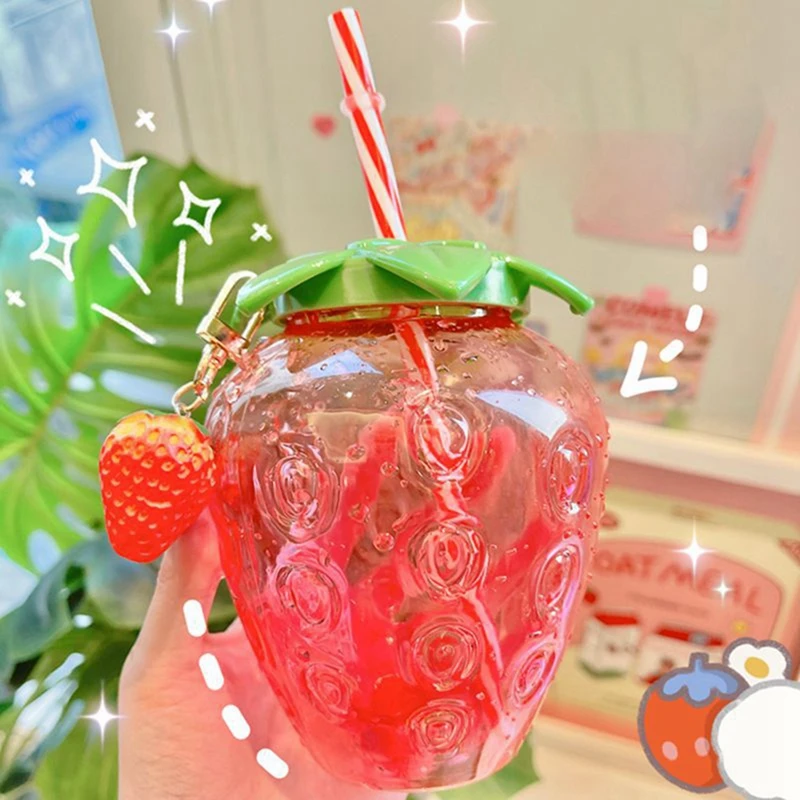 Creative Picnic Portable Water Cup with Simulation Strawberry Ornament Cartoon Cute 3D Strawberry Straw Cup