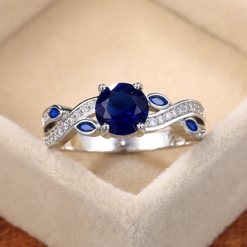 

Huitan Noble Vintage Blue Women Ring Hollow Out Leaf Design Anniversary Presents for Mother and Grandma Elegant Female Jewelry