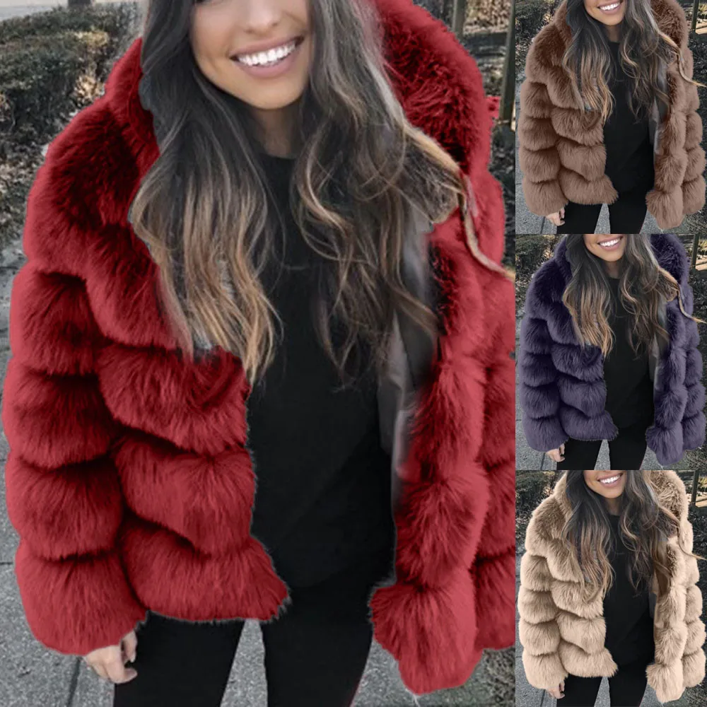 Зимнее теплое пальто с искусственным мехом для маленьких фабрики теплое пальто с воротником из искусственного меха лисы Для женщин пушистый искусственный мех пальто с капюшоном, верхняя одежда