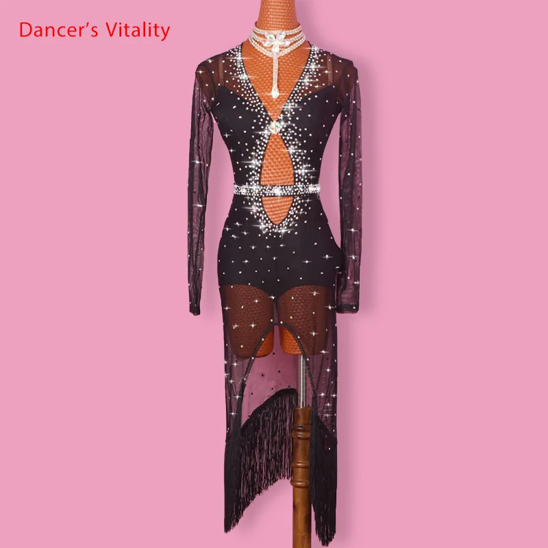 Платье для латинских танцев, женское платье с бриллиантовым v-образным вырезом, открытые длинные рукава, сальса, Танго, Румба, Фламенго, бальные костюмы для латинских танцев, костюмы для соревнований