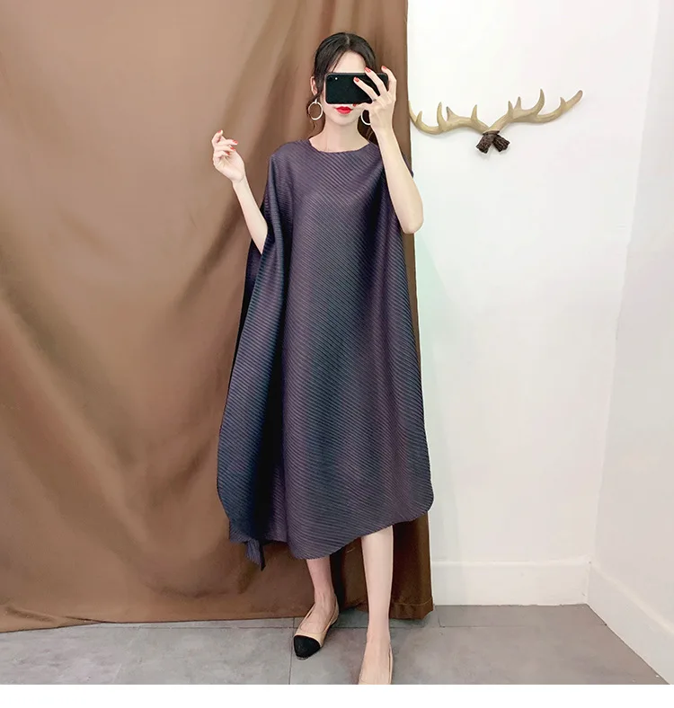Темно-серый Miyake складывается асимметричное платье Свободные Большие размеры длинные плиссированные женские тонкие плиссированные платья - Цвет: Темно-серый