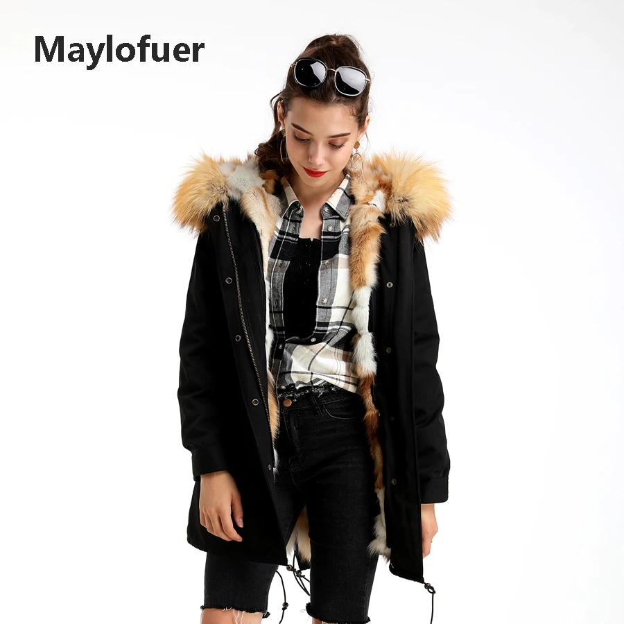 Maylofuer красный пуховик с мехом лисы съемный подклад куртки женские шубы с капюшоном Золотой лисий мех пальто женские зимние теплые парки