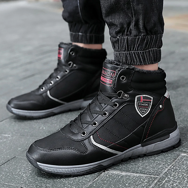 

plus size men's fashion warm fur snow boots soft leather tooling cotton winter shoes platform ankle boot zapatos de hombre botas