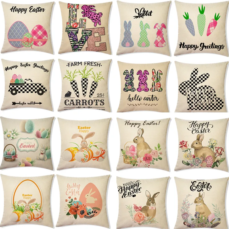 Happy Easter Rabbit Eggs Linen Pillowcase Home Decor Sofa Cushion Cover Bunny Easter Party