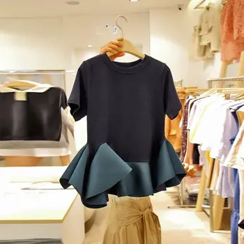 

2020 Spring Summer New Fashion Korean-Style Short-Sleeve T-shirt Loose-Fit Ruffle Hem Shirt Black Tshirt Female Student Tee Top