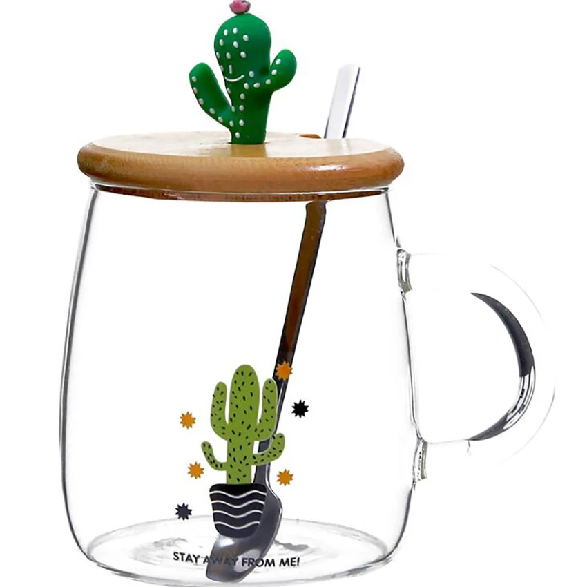 cheap Cute Cactus Tea Mug with Wooden Lid and Spoon Borosilicate Glass Coffee Mug 450ml Clear Drinking Cup for Fruit Juice, Coffee Tea