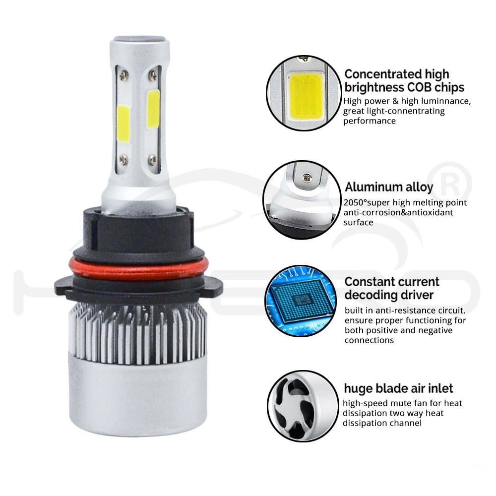 Hviero Car Heahlight Fog Lighting 9007 HB5 Hi-Lo High Low Beam S2 COB IP67 Waterproof 6500K 72W 8000LM Auto Headlamp Led DC 12v 24V
