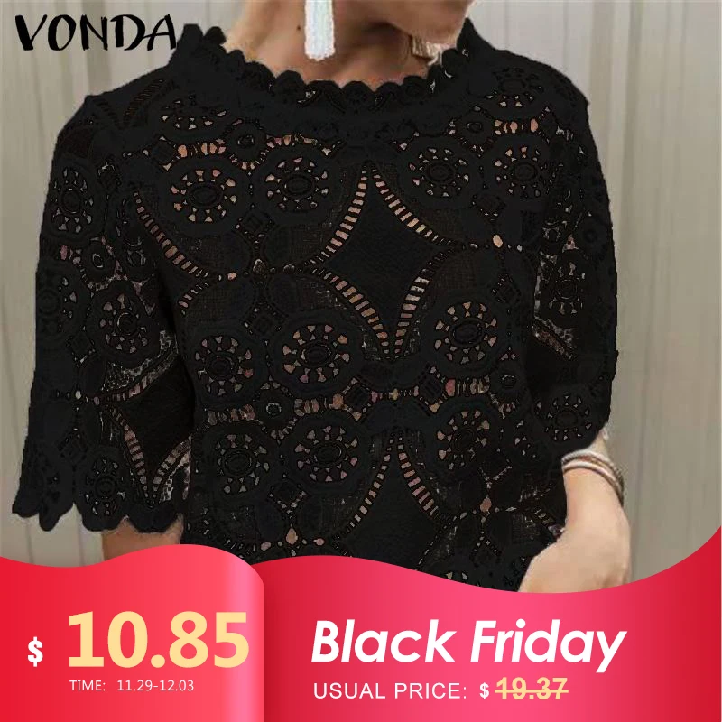 

VONDA Women Vintage Overalls 2019 Summer Autumn Blouse Solid Elegant Casual Sexy Blusas O-Neck Hollow Out Tops Shirts Tunic 5XL