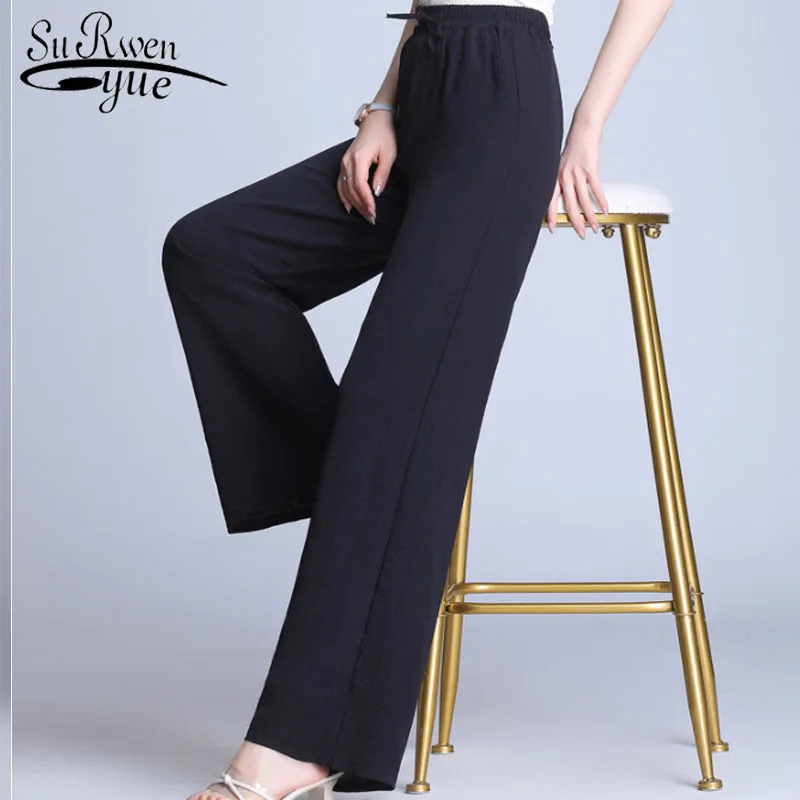 

2019 Fashion Women Pants Casual Drawstring Solid High Waist Wide Leg Pants Loose Bow Cotton Linen Women Pants 5177 50