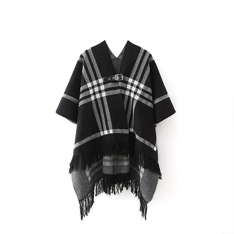 

2021 New Spring Autumm Winter Women's New Plaid Fringed Cape V Neck Batwing Sleeve Tassel Sweater Female Cloak Jacket Coats