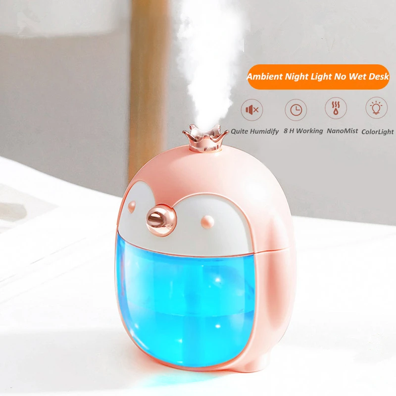 

300ML Cute Pet Penguin Ultrasonic Air Humidifier Portable USB Aroma Essential Oil Diffuser with Color Night Lamp for Home