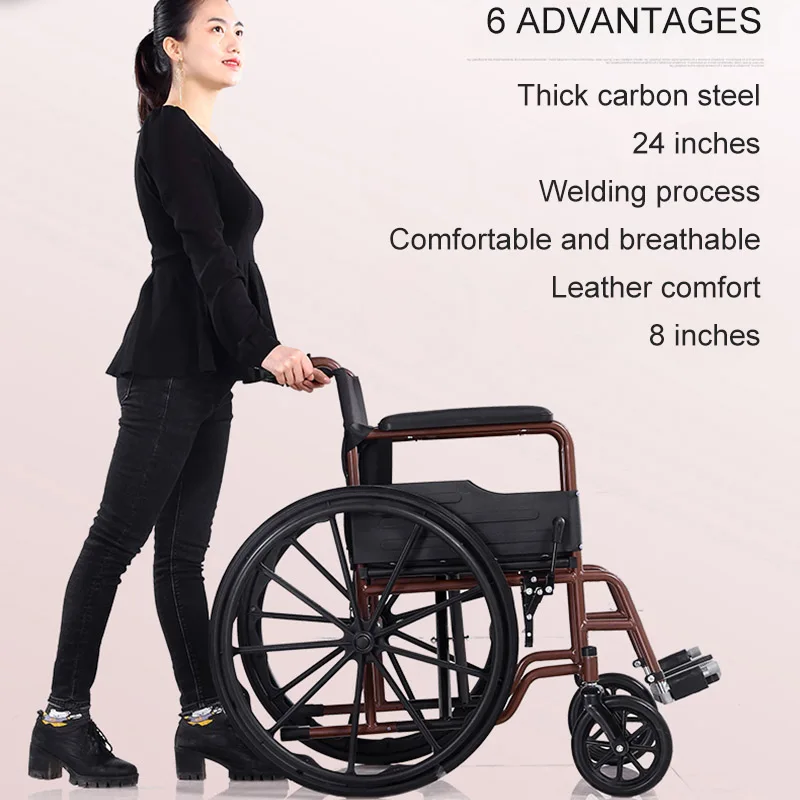 Leisure Wheelchair Leather Soft Armrest 24 Inch Solid Tire Folding Portable Carrying Quick-Disassembly Rear Wheel For Disabled