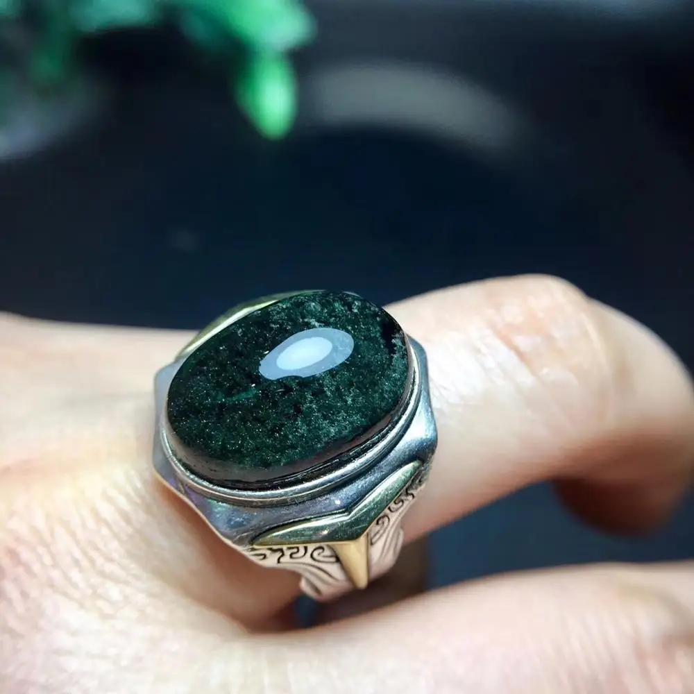

18x12mm Top Natural Green Phantom Quartz Ring Women Men Clear Crystal Beads Lucky Stone 925 Silver Adjustable Ring Jewelry AAAAA
