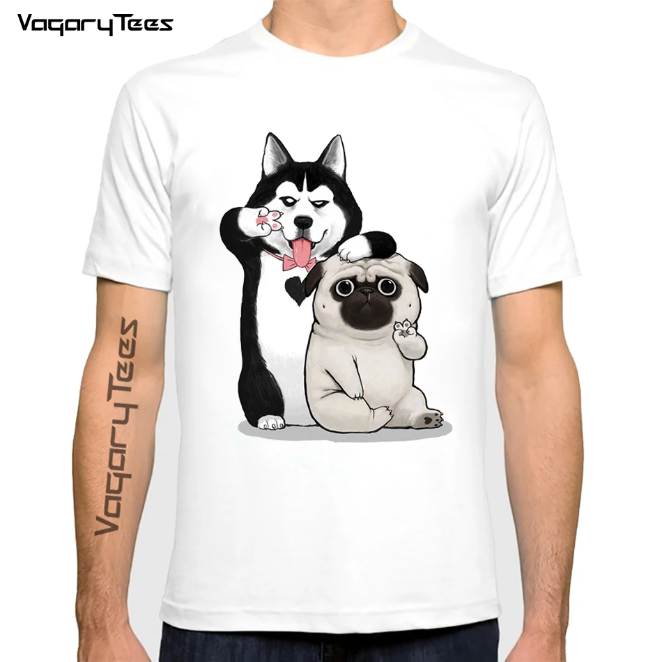 Naughty Husky & Pug Sticking Tongue Out Print T-Shirt Moda Uomo Magliette Divertenti Happy Dog Design Casual Top Summer Cute Tshirt