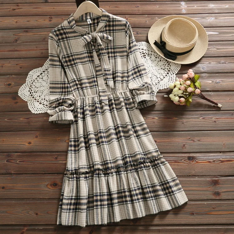 

Retro Plaid Dress Early Spring New Style Bow Lace-up Elastic Waist Flounced Base Skirt Children S22933