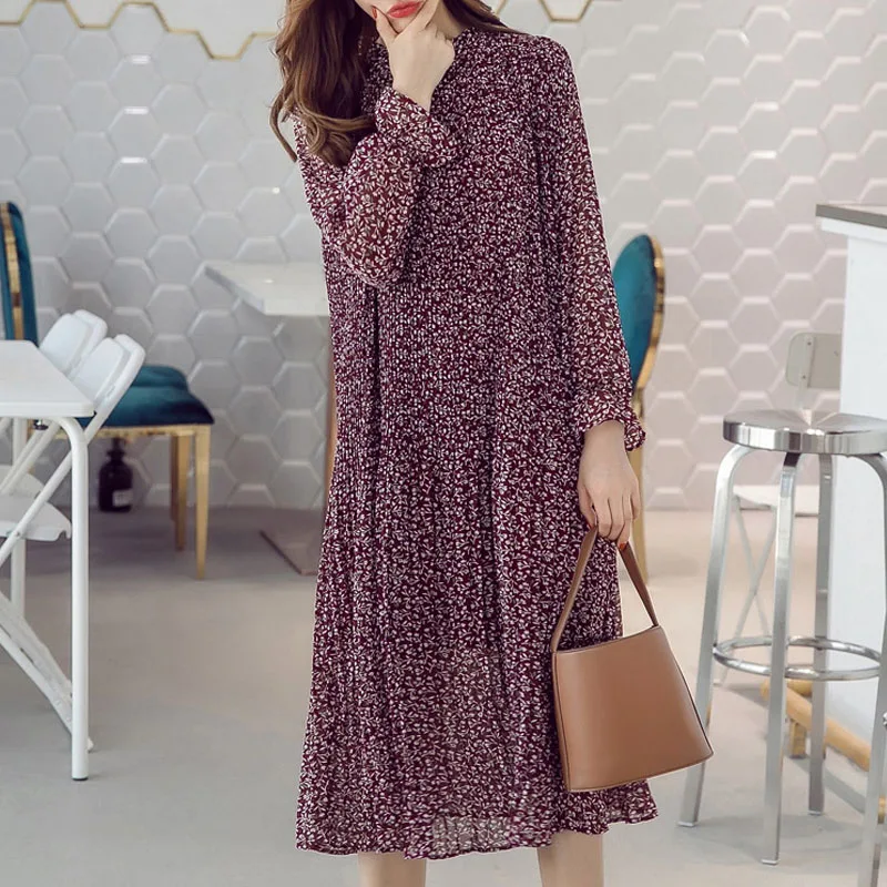

2020 Korean Style Plus Size Spring Women Pleated Dress Chiffon Sweet Loose Long Dress Floral Leaf Print Elegant Vintage Dresses