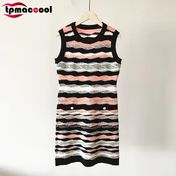 

Tpmaccool luxury designer gold logoed button 2020 Summer Women New Thin Sleeveless Striped Pullover Knitted mini party Dress