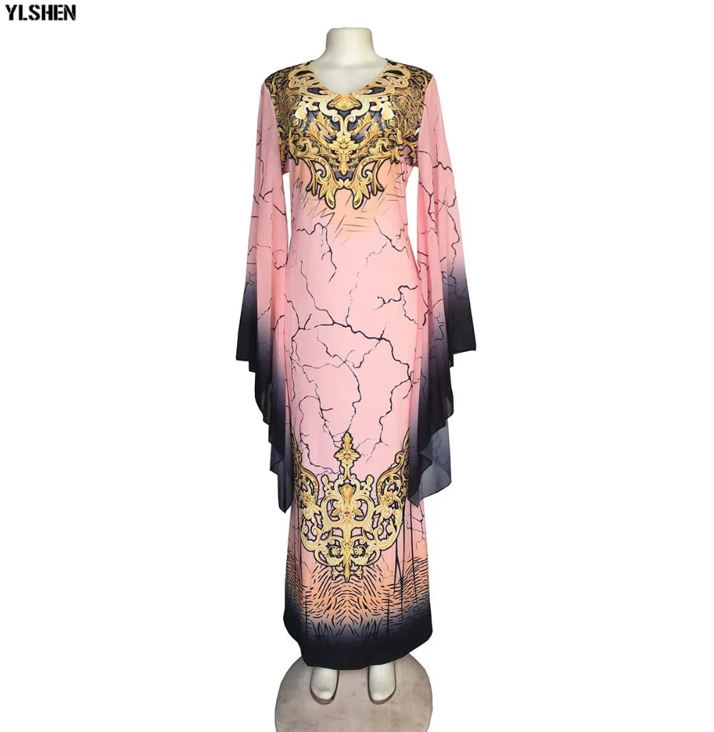 New African Dresses for Women Dashiki Print African Clothes Bazin Riche Sexy Slim Ruffle Sleeve V-neck Evening Long Africa Dress 67