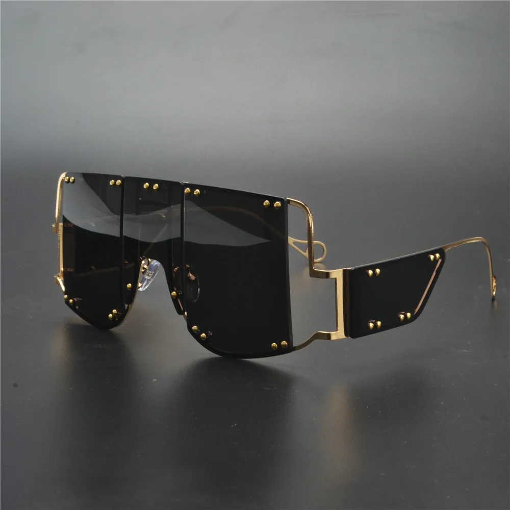 Супер футуристический негабаритный щит козырек Солнцезащитные очки плоский верх зеркальные моно линзы Модные женские металлические рамки заклепки солнцезащитные очки NX - Цвет линз: gold black