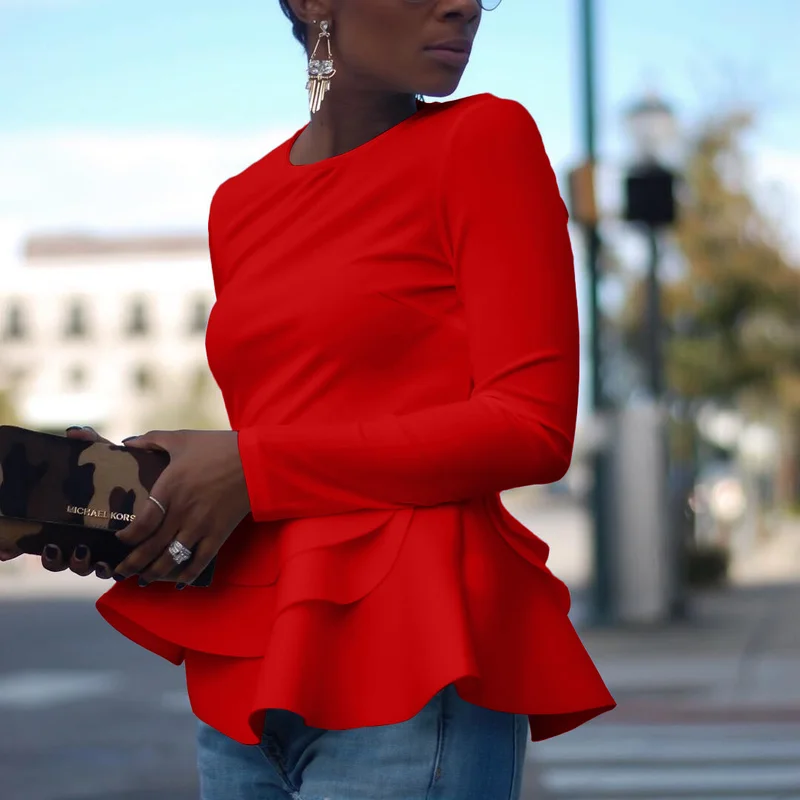 

White Ruffle Hem T-shirt Autumn Winter Long Sleeve Women Tops Blouses Office Lady Elegant Black Red Casual Peplum Tops Female